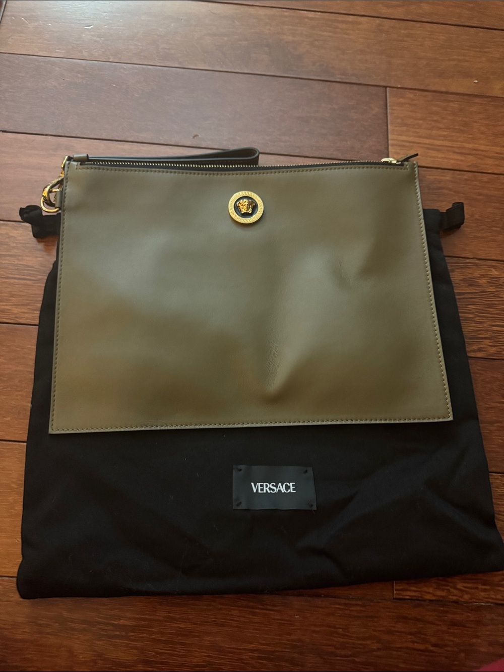 Versace Olive Green Leather Messenger Bag with Gold Medusa Accent